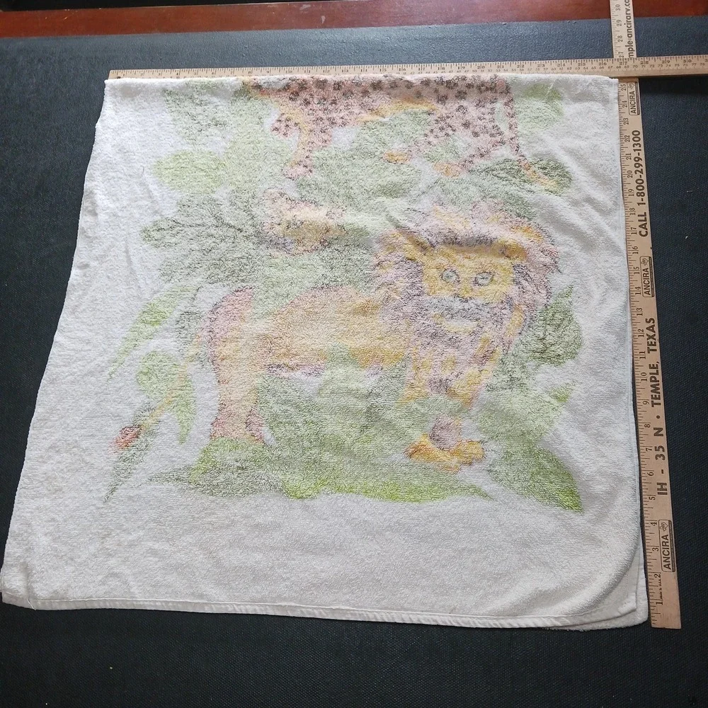 Vintage 1970'S White Beach Towel Cartoon Lion Cheetah Zebra cubs w pocket 50x26